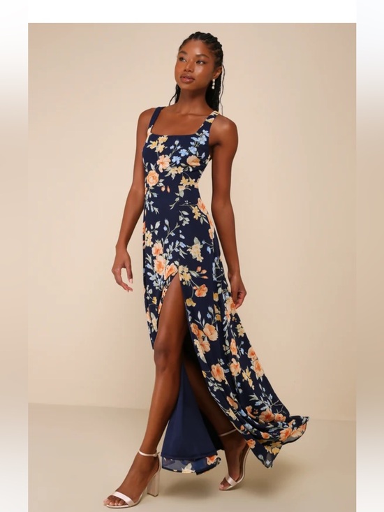 Lulus Dresses & Skirts - Lulu's Navy Floral Maxi Dress with Peach Blooms